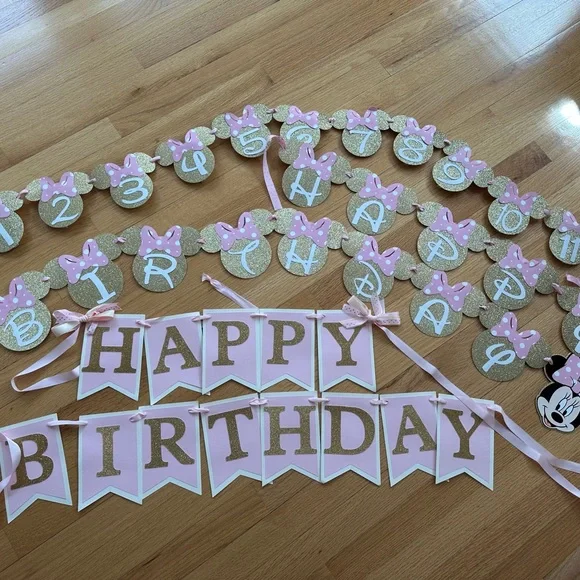 TWO Happy 1st Birthday Banners + month pic banner Minnie pink gold - Picture 7 of 7